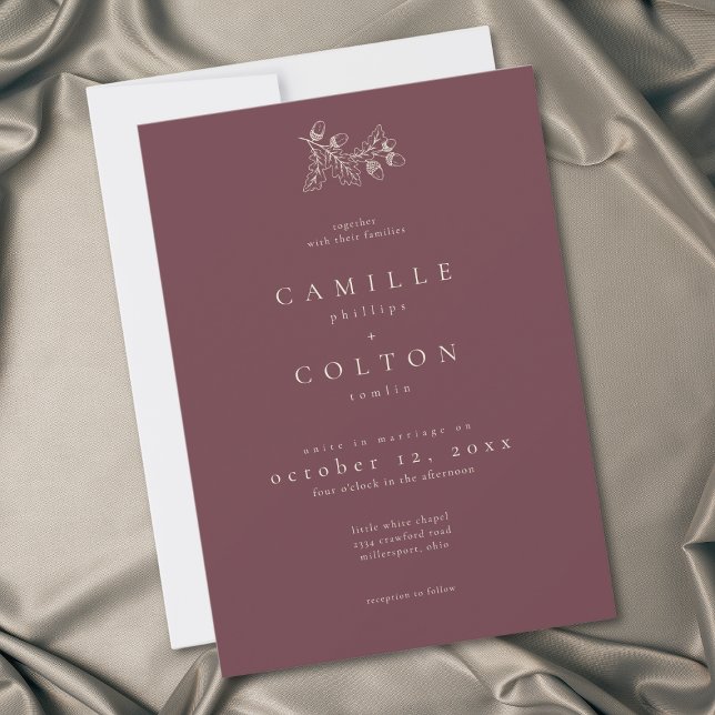 Convite Wine Burgundy Minimalist Leaf Acorn Fall Wedding (Criador carregado)