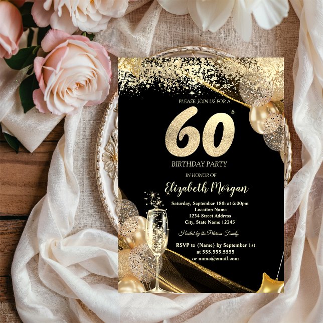 Convite Wine Glass Gold Confetti Balloons 60th Birthday (Criador carregado)