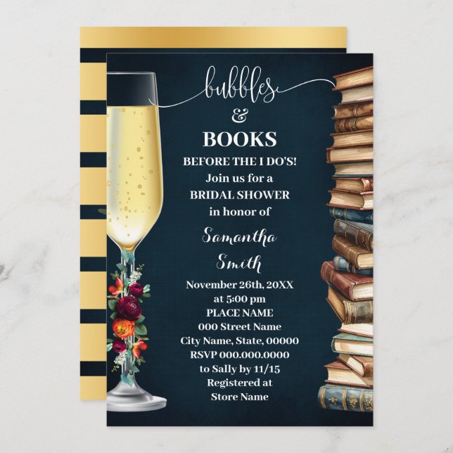 Convite Wine Navy Bubbles & Book Before I do Bridal Shower (Frente/Verso)