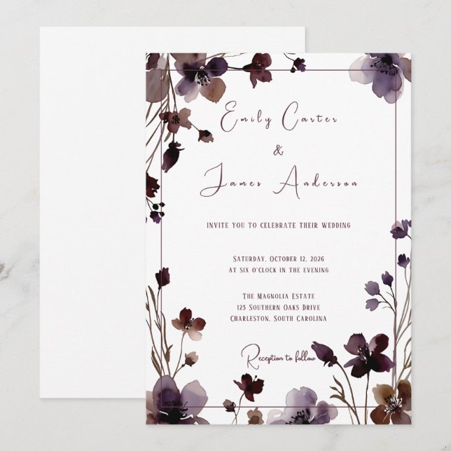 Convite Wine Red Plum Mauve Fall Floral Wedding (Frente/Verso)