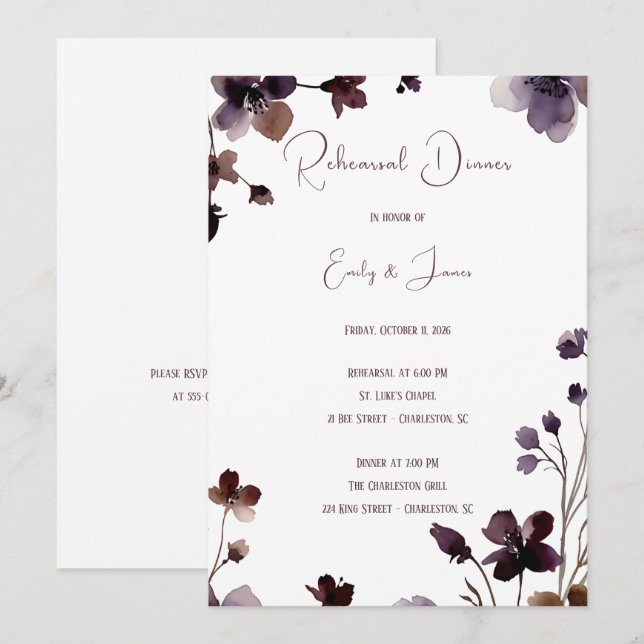 Convite Wine Red Plum Mauve Fall Floral Wedding (Frente/Verso)