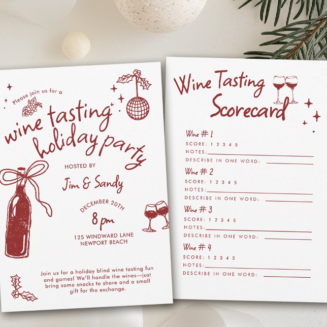 Convite Wine Tasting Party Scorecard Game Doodle Holiday  (wine tasting holiday party drinks hand drawn winery charcuterie friendsmas blind christmas santa)