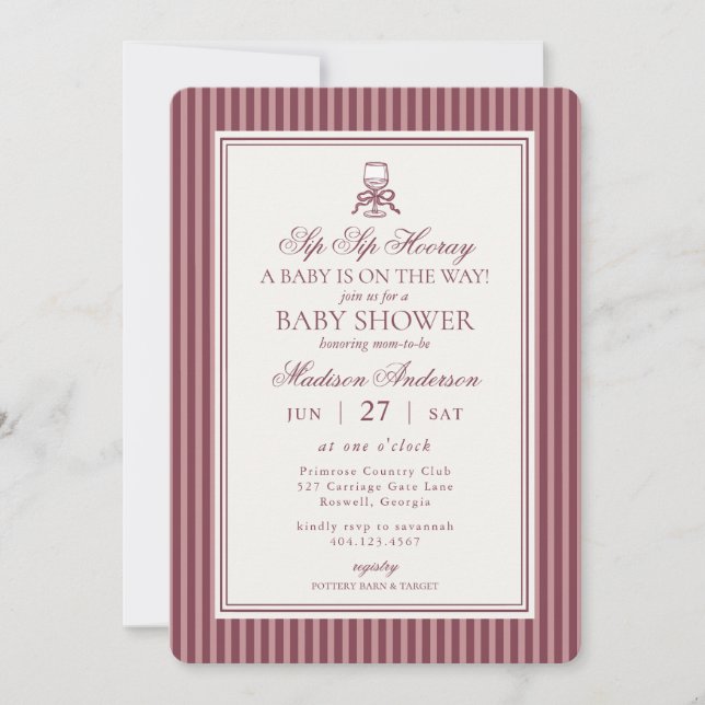 Convite Wine Vineyard Club Old Money Striped Baby Shower (Frente)