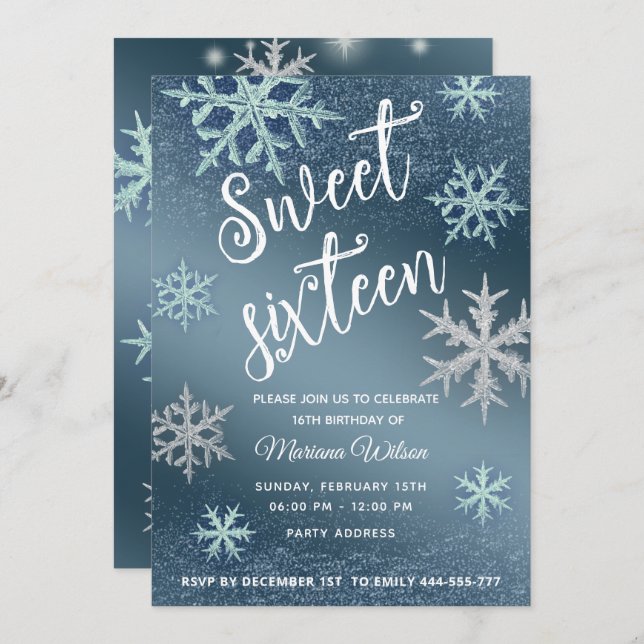 Convite Winer maravilderland Flocos de neve azuis brilhant (Frente/Verso)