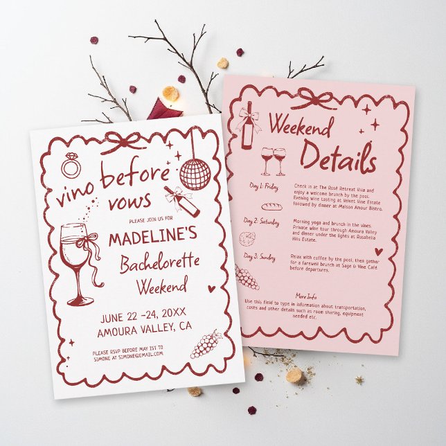 Convite Winery Bachelorette Vino Before Vows Red Itinerary (winery bachelorette party invitation hand drawn calligraphy burgundy red pink vino before vows)