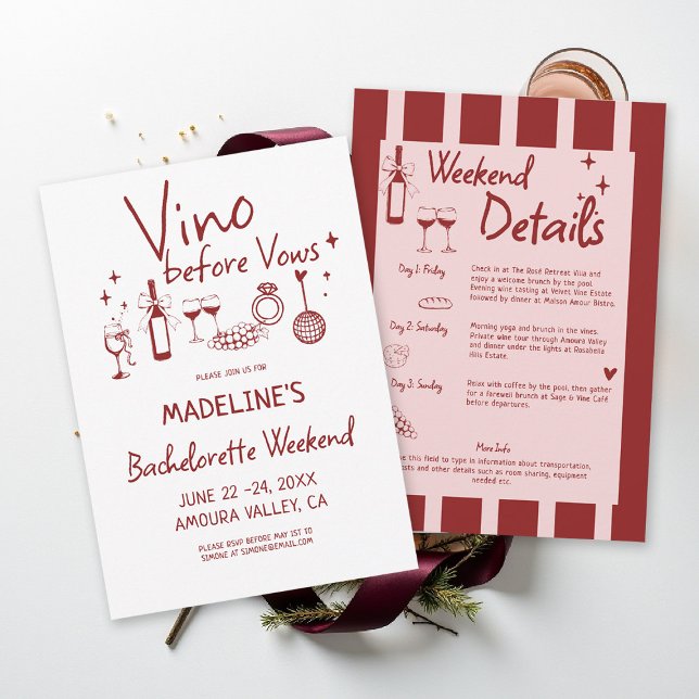 Convite Winery Bachelorette Wine Tasting Red Itinerary (winery bachelorette party invitation wine tasting girls trip weekend burgundy red stripes)