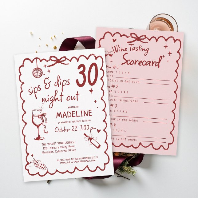 Convite Winery Night Out Wine Tasting Chic 30th Birthday (winery birthday invitation wine tasting scorecard red burgundy pink napa sonoma country)