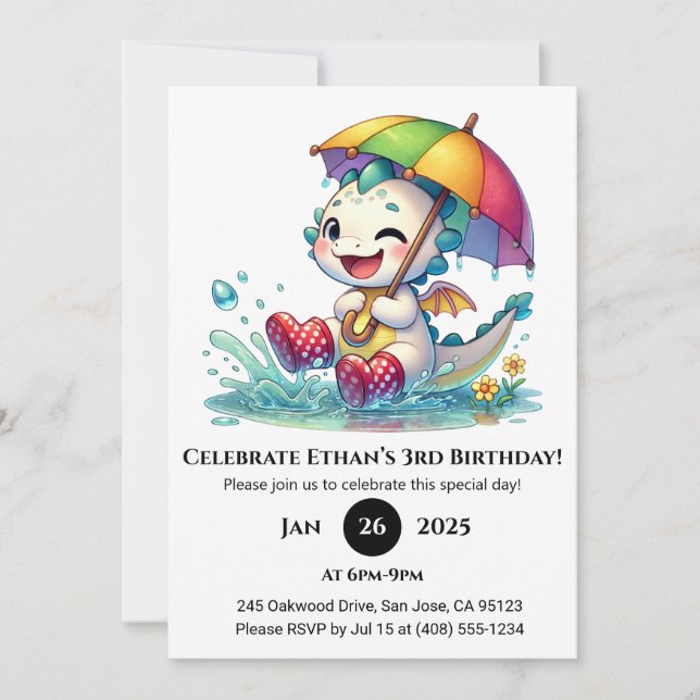 Convite Winking Baby Dragon with Umbrella Birthday (Frente)