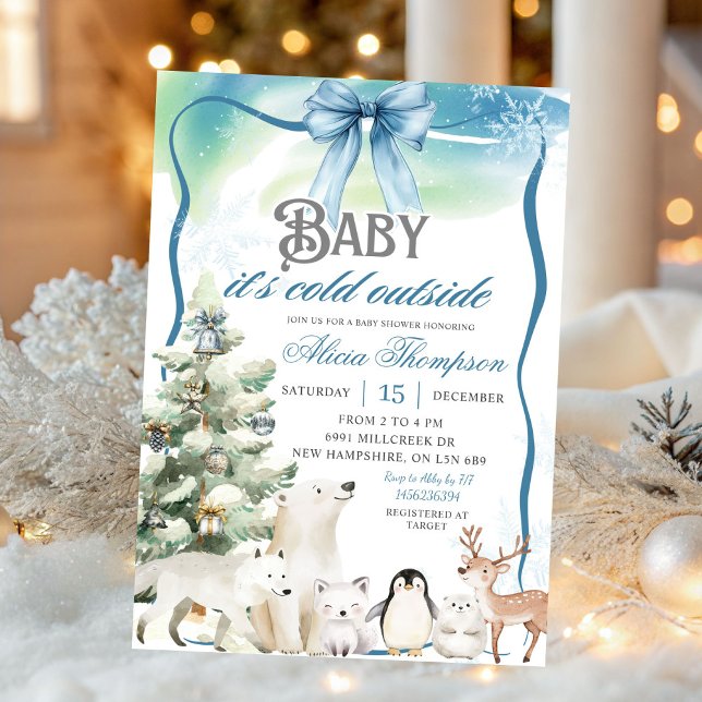 Convite Winter Animals Aurora Bow Coquette Boy Baby Shower (Criador carregado)