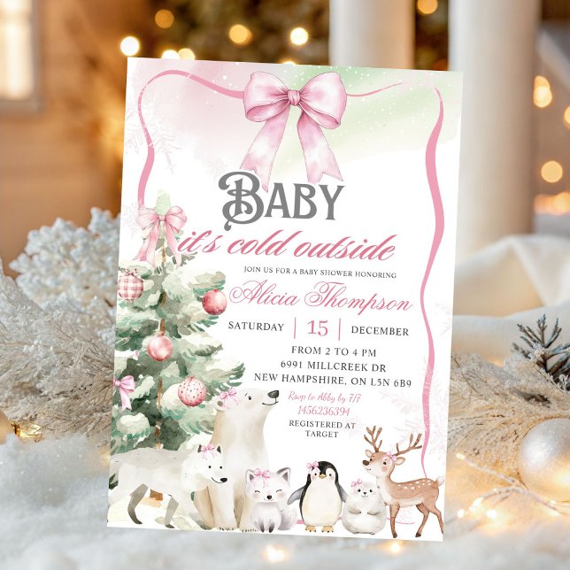 Convite Winter Animals Aurora Bow Coquette Gir Baby Shower (Criador carregado)