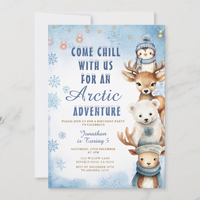 Convite Winter Arctic Adventure 1st Birthday Animals Party (Frente)