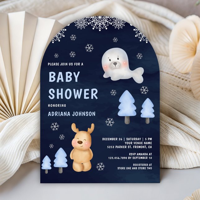 Convite Winter Arctic Animals Navy Blue Baby Shower (Criador carregado)