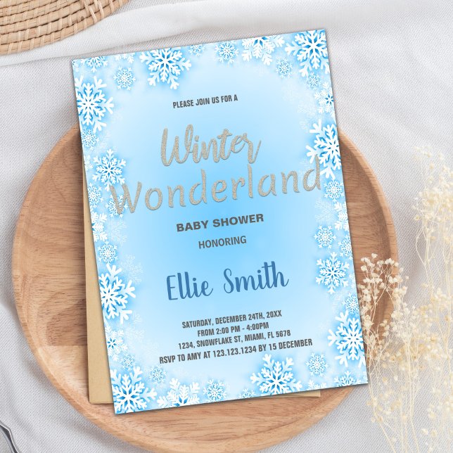 Convite Winter Baby Shower Invoca Blue Silver Neve Azul (Winter Baby Shower Invitations Blue Snow Silver)