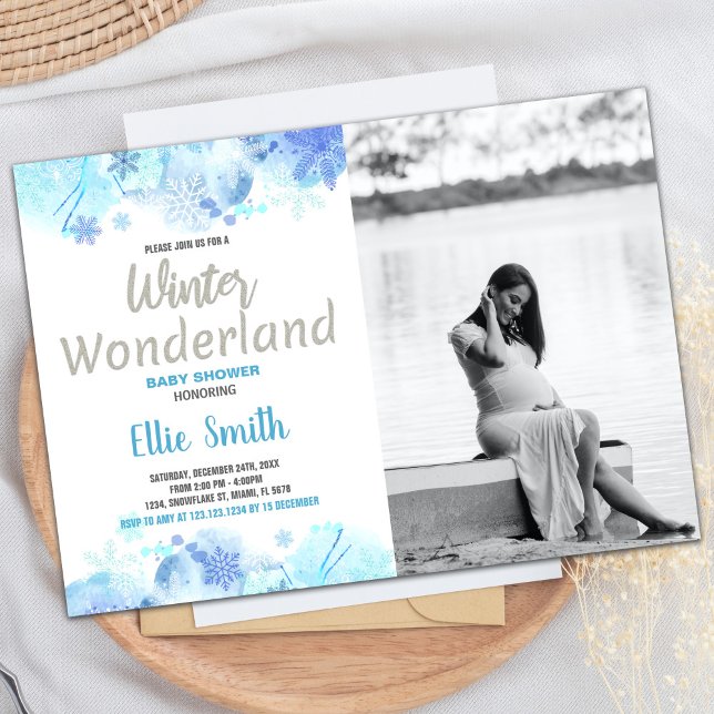 Convite Winter Baby Shower Invoca Prata com foto (Winter Baby Shower Invitations Silver with photo)
