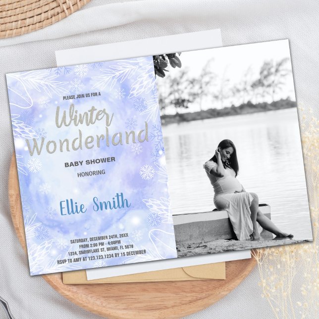 Convite Winter Baby Shower Invoca Prata com foto (Winter Baby Shower Invitations Silver with photo)