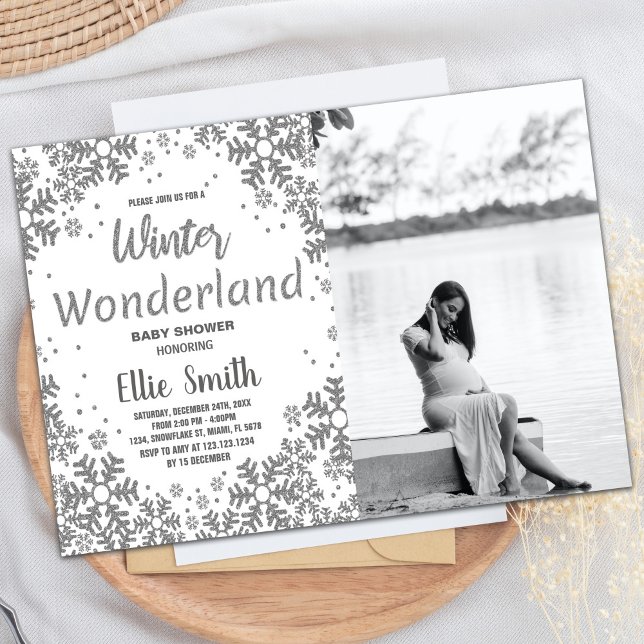 Convite Winter Baby Shower Invoca Prata com foto (Winter Baby Shower Invitations Silver with photo)