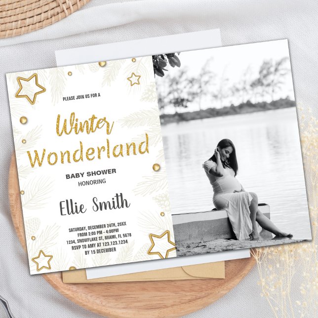 Convite Winter Baby Shower Invtions Foto em Ouro Star (Winter Baby Shower Invitations Golden Star Photo)