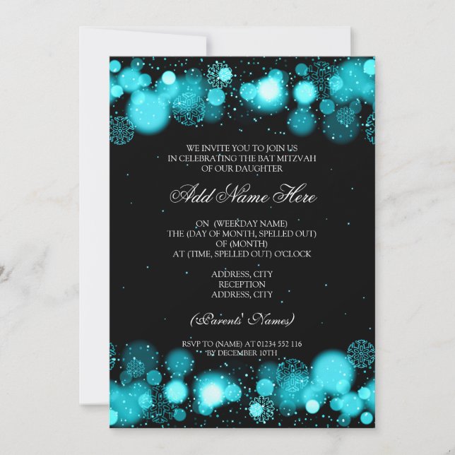 Convite Winter Bat Mitzvah Turquoise Snowflakes Lights (Frente)