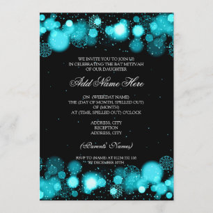 Convite Winter Bat Mitzvah Turquoise Snowflakes Lights