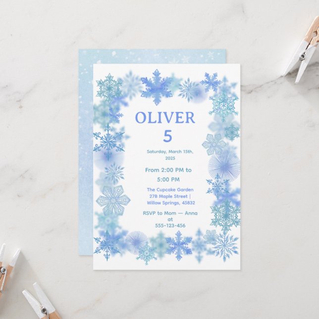 Convite Winter Birthday Invitation, Minimalist Snowflake  (Frente/Verso In Situ)