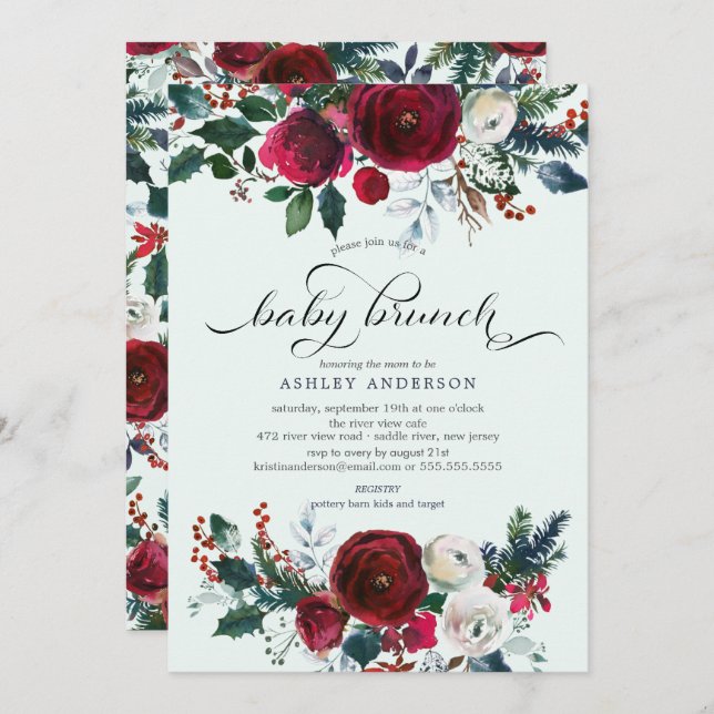 Convite Winter Bloom Floral Chá de fraldas Brunch (Frente/Verso)