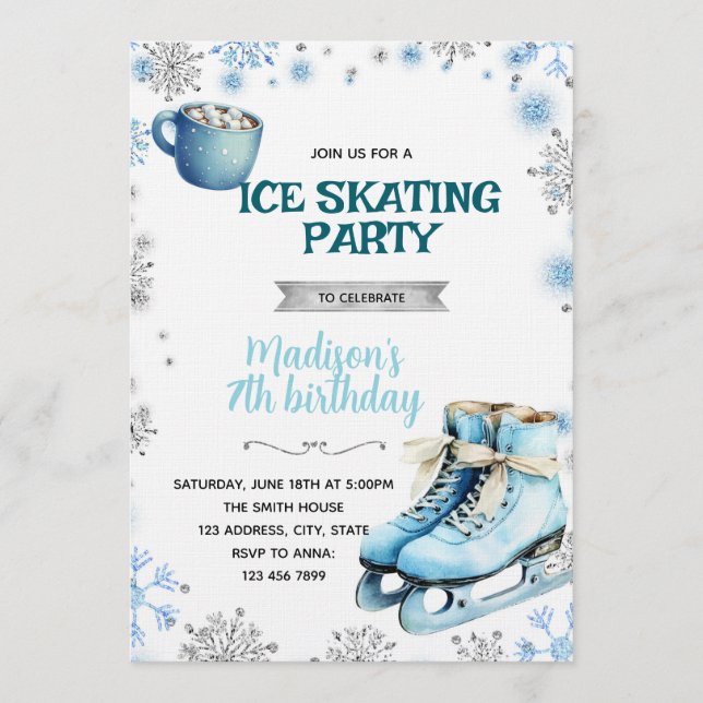 Convite Winter Blue and Silver Skating Invitation (Frente)