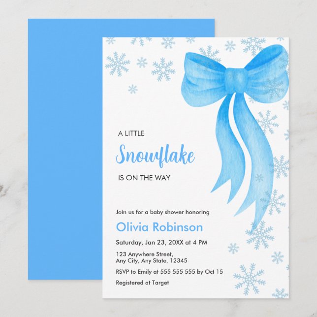 Convite Winter Blue Bow A Little Snowflake Baby Shower (Frente/Verso)