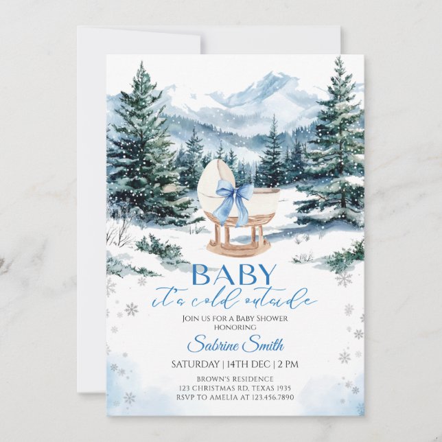 Convite Winter Blue Bow Cradle Baby Shower (Frente)