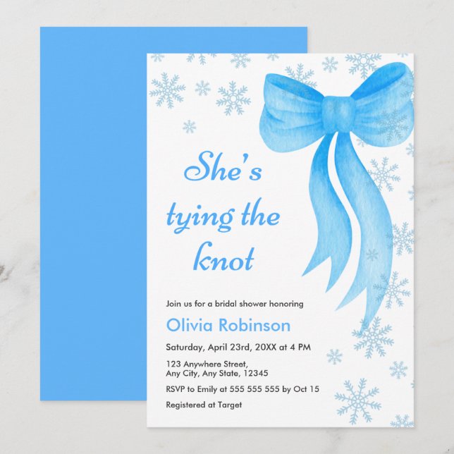 Convite Winter Blue Bow Snowflakes Bridal Shower (Frente/Verso)
