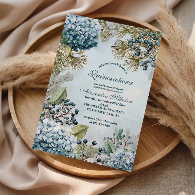Convite Winter Blue Floral Quinceañera (Criador carregado)