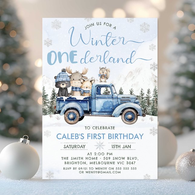 Convite Winter Blue Woodland Truck Onederland 1st Birthday (Winter Onederland Birthday Invitation, Winter Onederland - 1st Birthday Invitation Template, Truck)