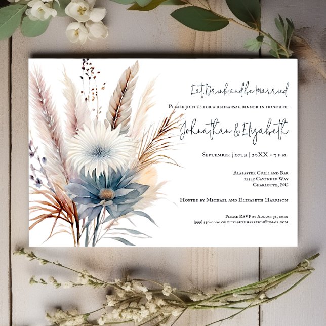 Convite Winter Boho Floral | Janto de ensaio branco (White Winter Boho Floral Wedding Rehearsal Dinner Invitation)