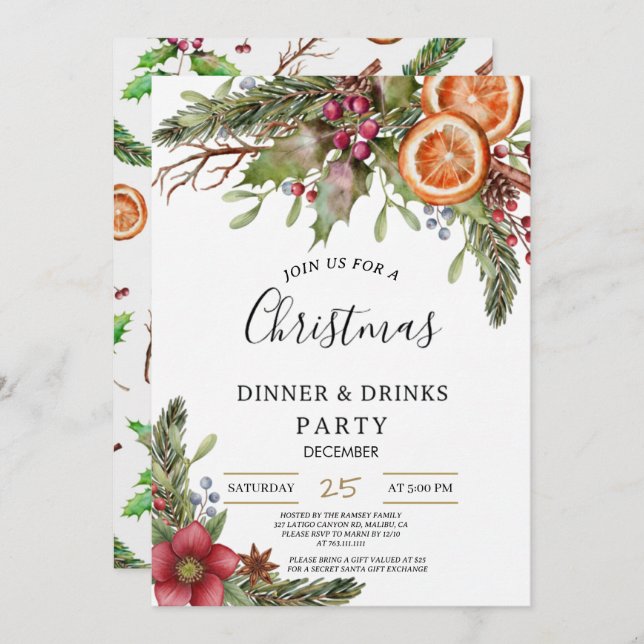 Convite Winter Botanical Christmas Invite | Rustic Dinner  (Frente/Verso)