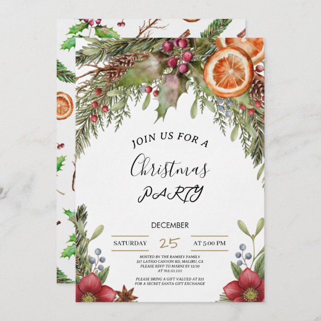Convite Winter Botanical Christmas Invite | Rustic Dinner  (Frente/Verso)