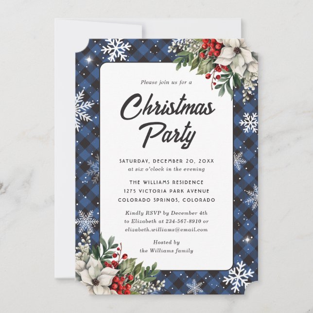 Convite Winter Botanicals Blue Plaid Christmas Party (Frente)