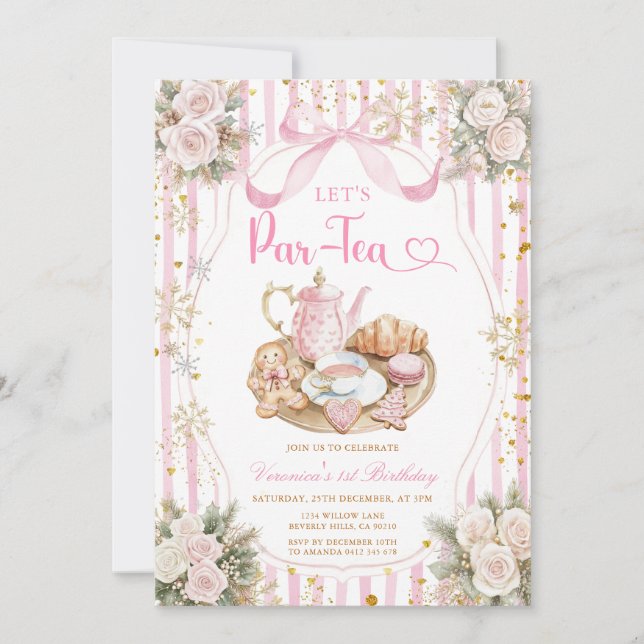 Convite Winter Bow Let’s Par-tea Girl Birthday Snowflakes (Frente)