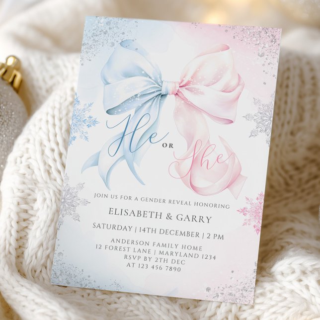 Convite Winter Bows Snowflakes Gender Reveal Invitation (Criador carregado)