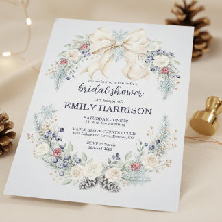 Convite Winter Bridal Shower Invitation Cream Bow Floral