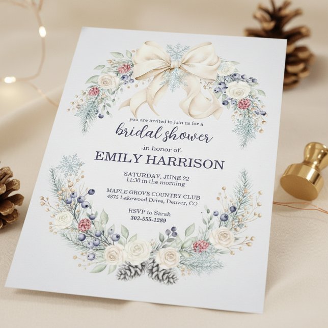 Convite Winter Bridal Shower Invitation Cream Bow Floral (winter floral bridal shower)
