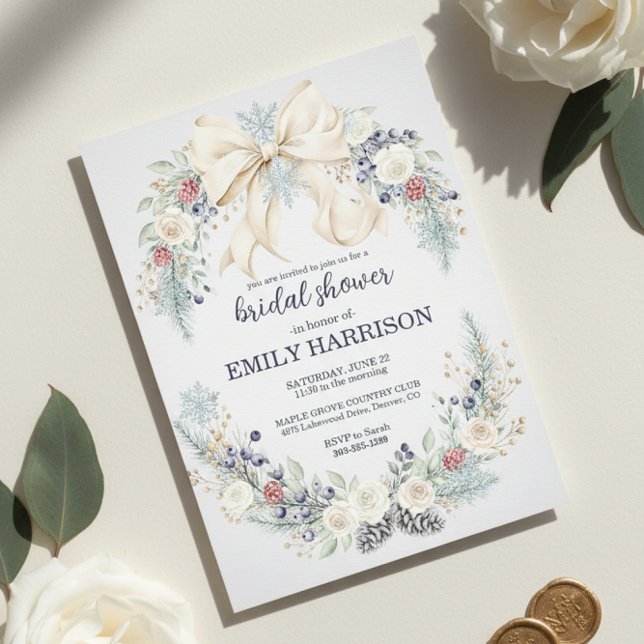 Convite Winter Bridal Shower Invitation Cream Bow Floral (blush blue winter flowers)