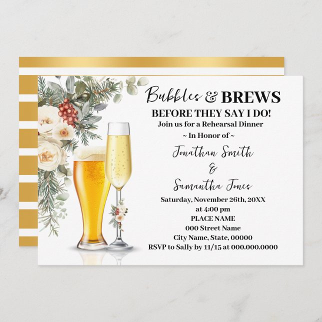 Convite Winter Bubbles & Brews Rehearsal Dinner (Frente/Verso)