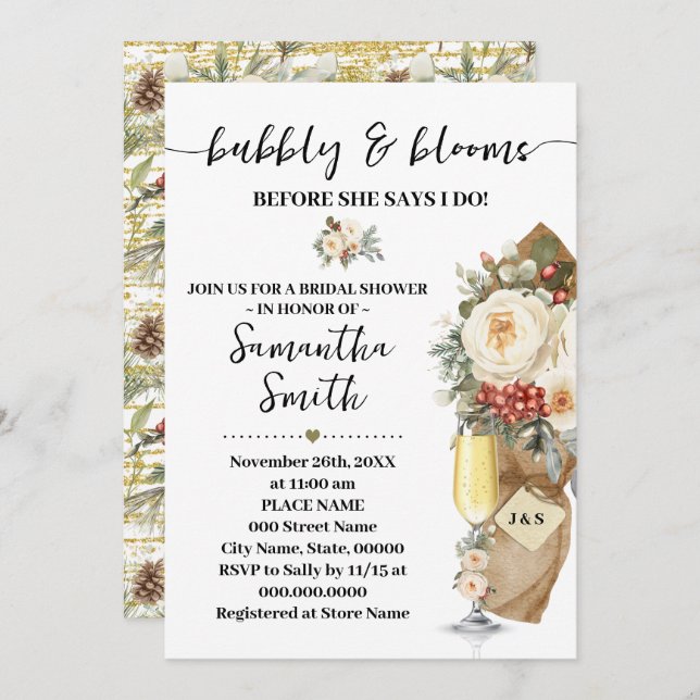 Convite Winter Bubbly & Blooms Before I do Bridal Shower (Frente/Verso)