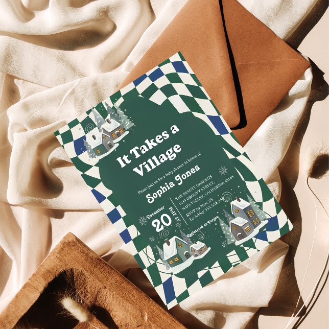 Convite Winter Checkered "It Takes a Village" baby shower (Criador carregado)