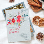 Convite Winter Christmas snow red floral photo wedding<br><div class="desc">A winter and Christmas floral red burgundy,  dusty blue,  navy blue on ice blue with white snowflakes wedding invitation with pretty flowers in a floral watercolor wreath with a modern font,  add your initials or monogram and photo.</div>