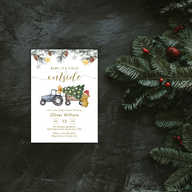 Convite Winter Christmas Tree Tractor Bear Baby Shower (Winter Christmas Tree Tractor Bear Baby Shower Invitation)