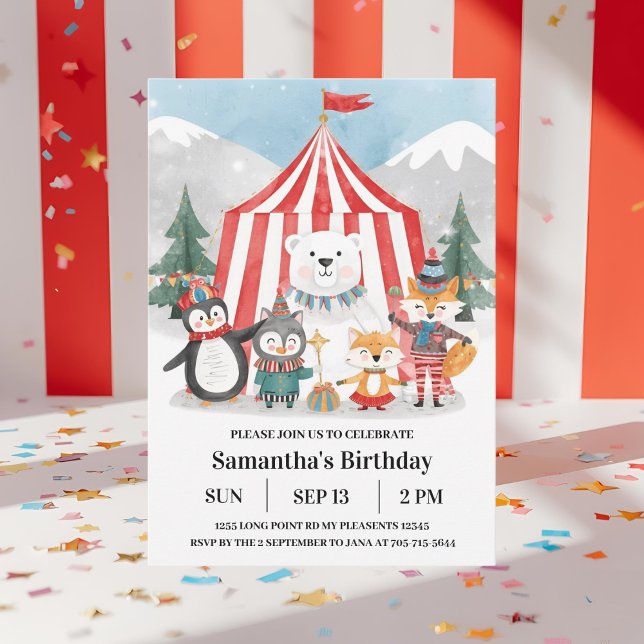Convite Winter Circus Birthday Invitation | Cute Penguin (Criador carregado)