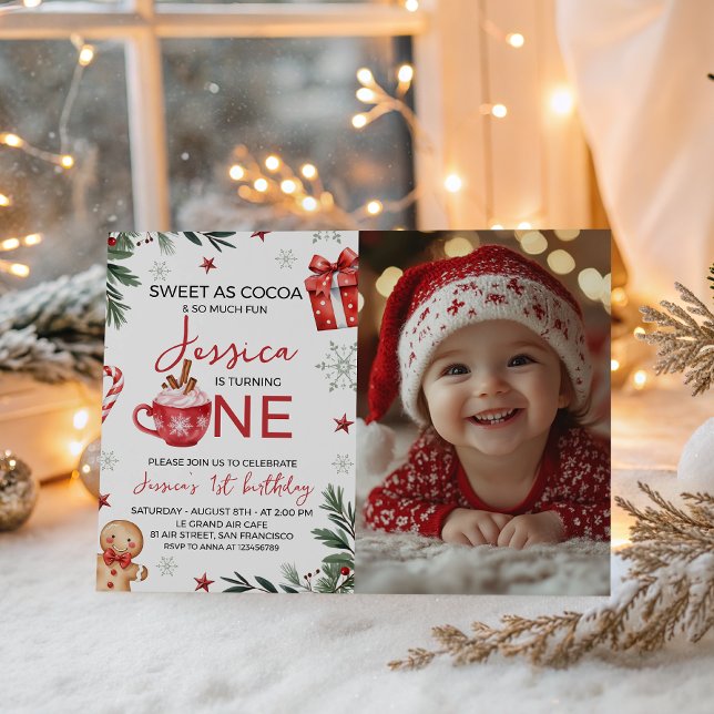 Convite Winter Cocoa First Birthday Invite Photo (Criador carregado)