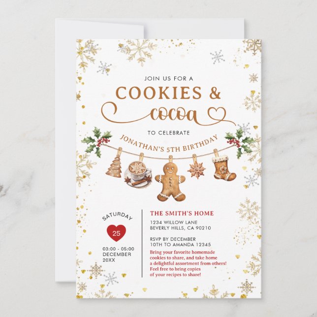 Convite Winter Cookies & Cocoa Birthday Gold Snowflakes (Frente)