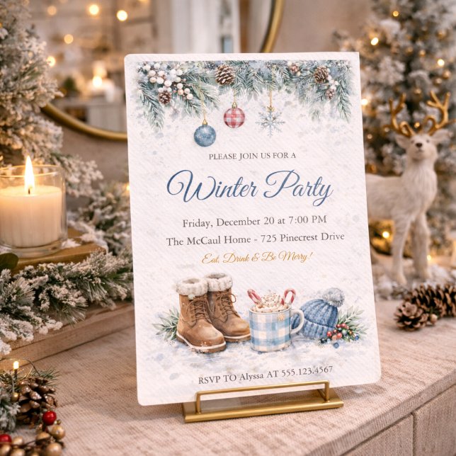Convite Winter Cozy Gathering Invitation (Gather for a winter evening filled with warm drinks, soft snow tones, and festive charm)