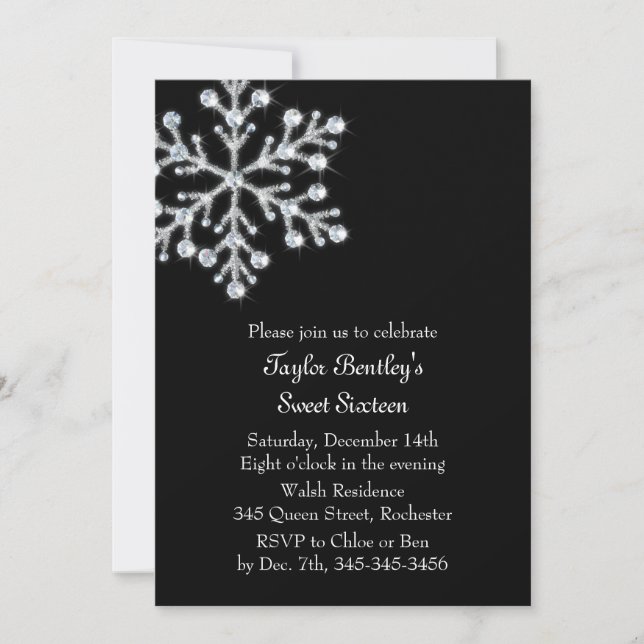 Convite Winter Crystal Sweet 16th Birthday Invite black (Frente)